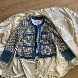 Blue and White Plaid Blazer with Navy Trim